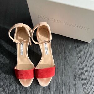 Manolo Blahnik Sz 38 Red and Tan Heels Lauratomod Velukid Block Sandals NO BOX